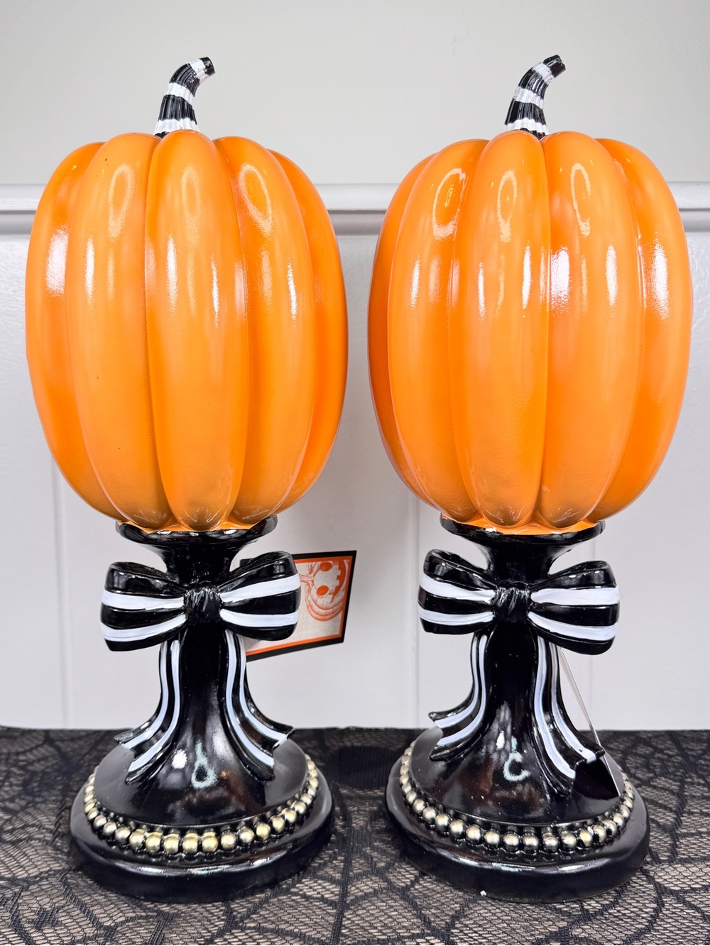 NEW Hallow Home Pumpkin Stand with Striped Bow Halloween Decor